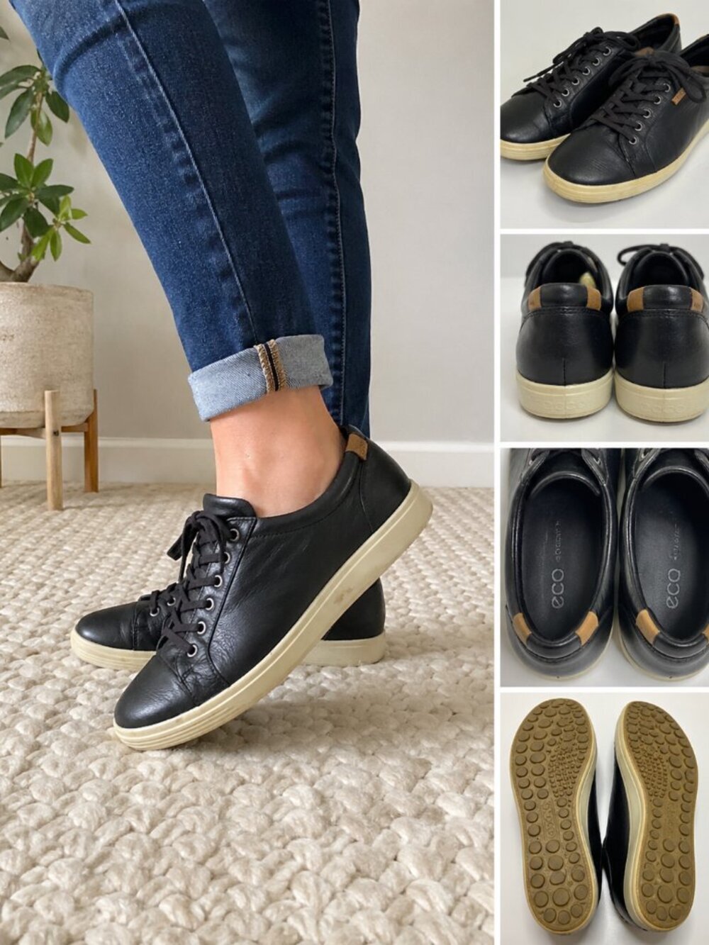 Ecco Soft 7 Black Leather Sneakers Women’s 9 Lace Up Comfort Casual Shoes